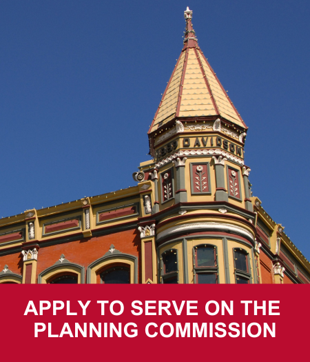 Apply to serve on the Planning Commission text on red box in front of the Davidson Building photo