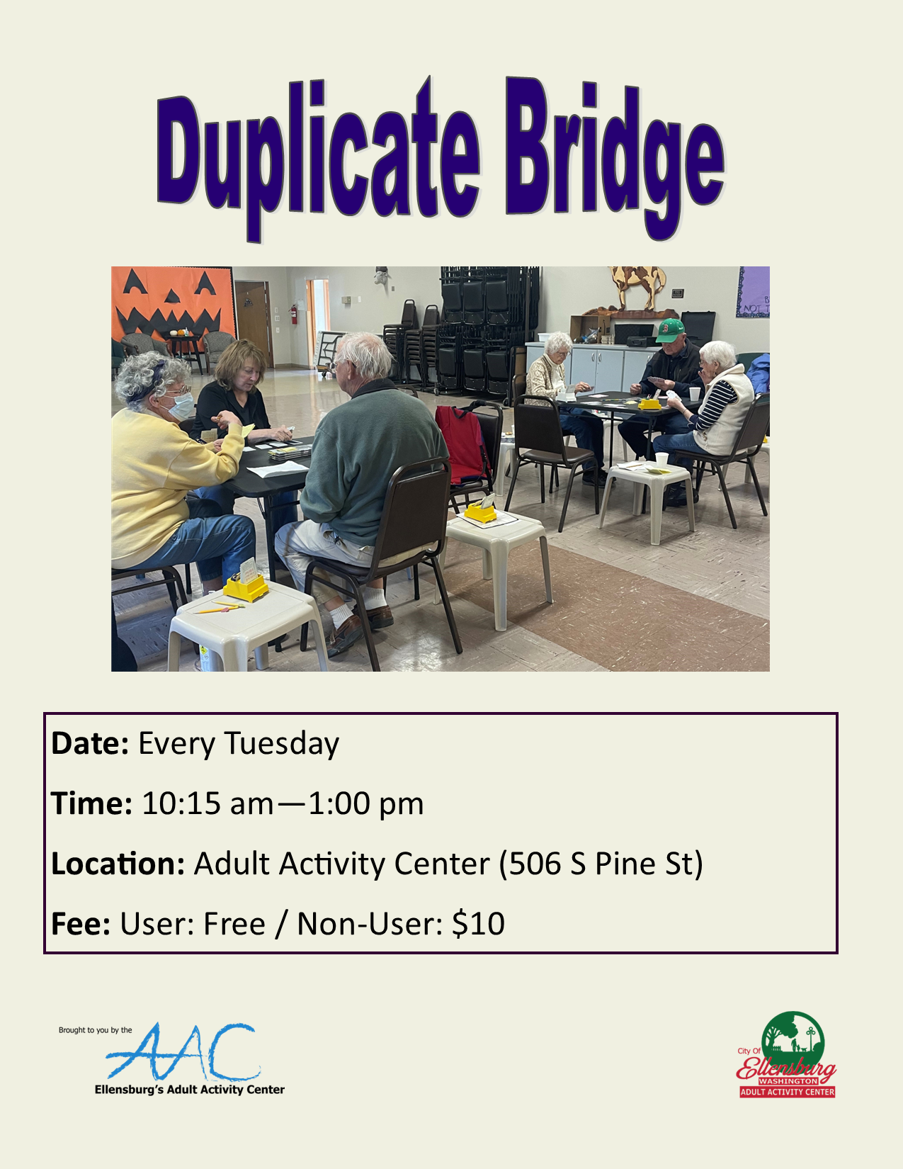 Duplicate Bridge event poster with participants playing bridge, event details, and logos. 