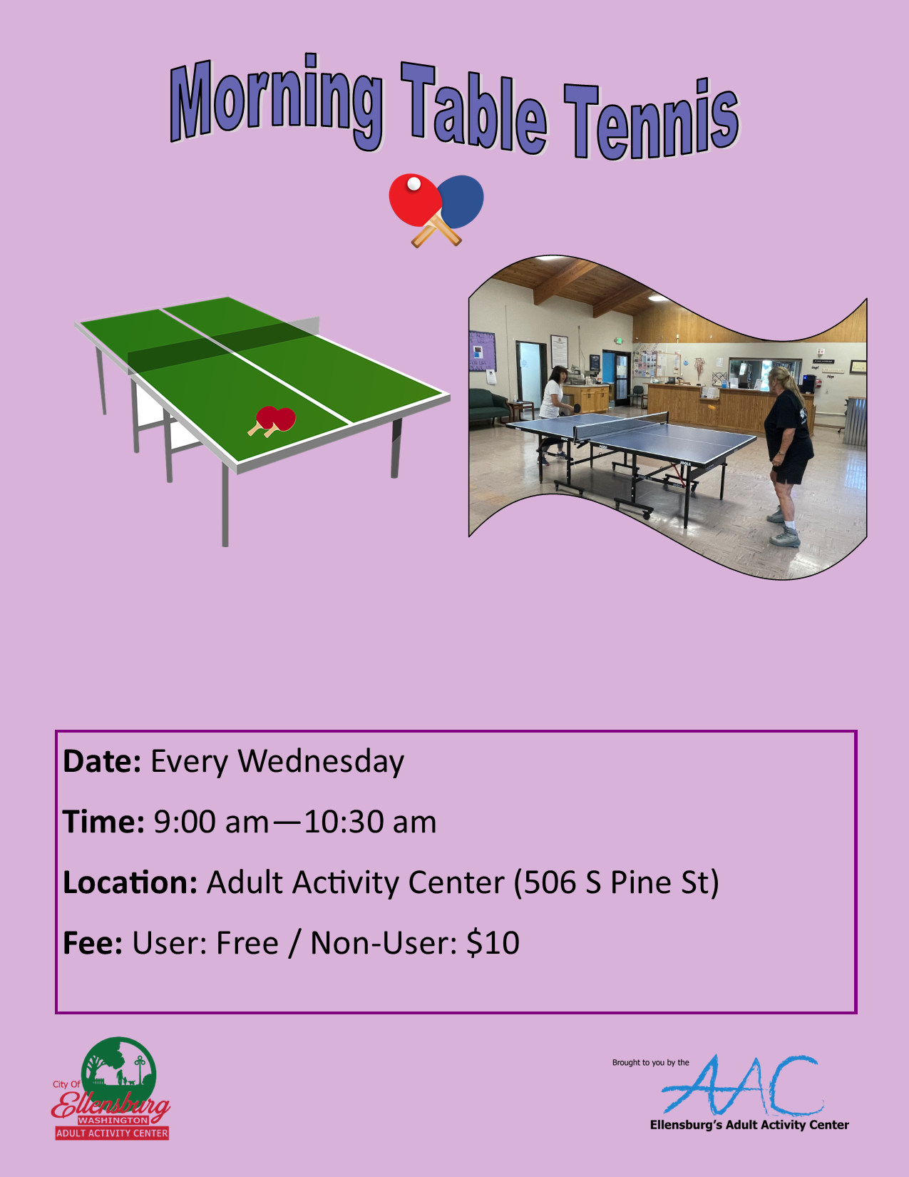 Flyer for Morning Table Tennis with event details and a photo of people playing table tennis. 