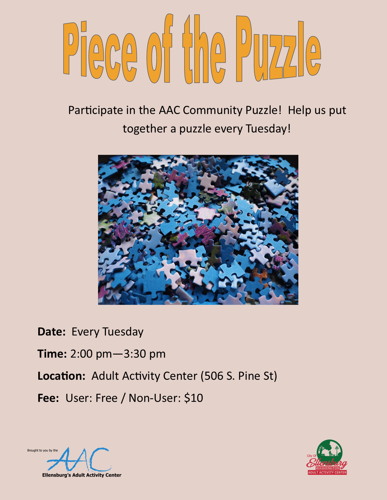 Poster for "Piece of the Puzzle" featuring puzzle pieces and event details for a community puz