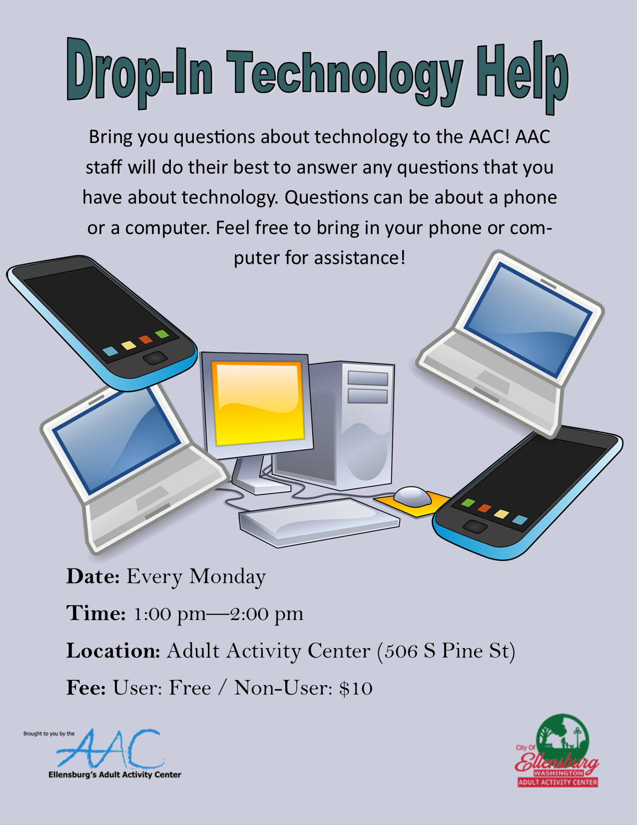 A visually appealing flyer advertising drop-in technology support, with cartoon devices. 