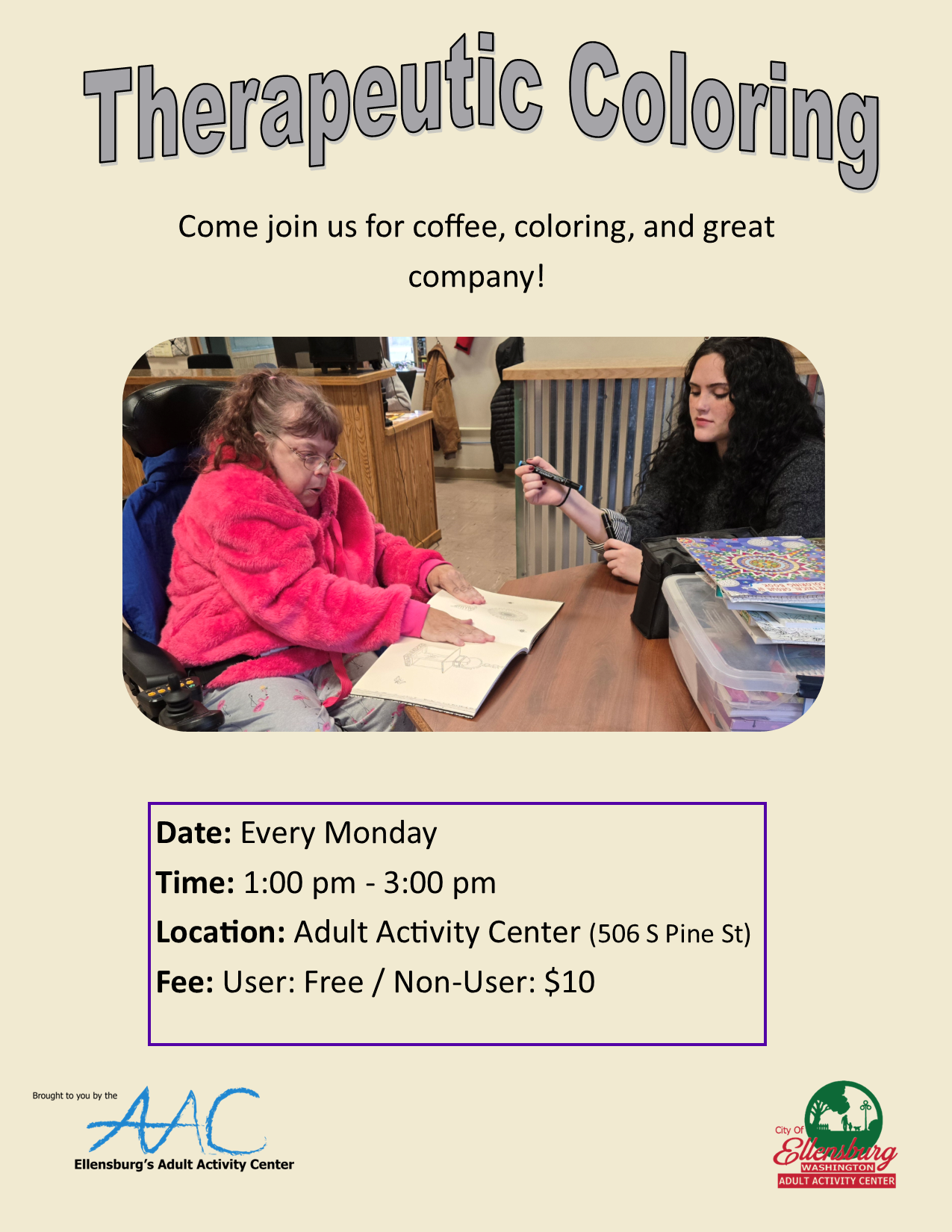 A colorful flyer advertising a therapeutic coloring, with an image of two women coloring at a table.