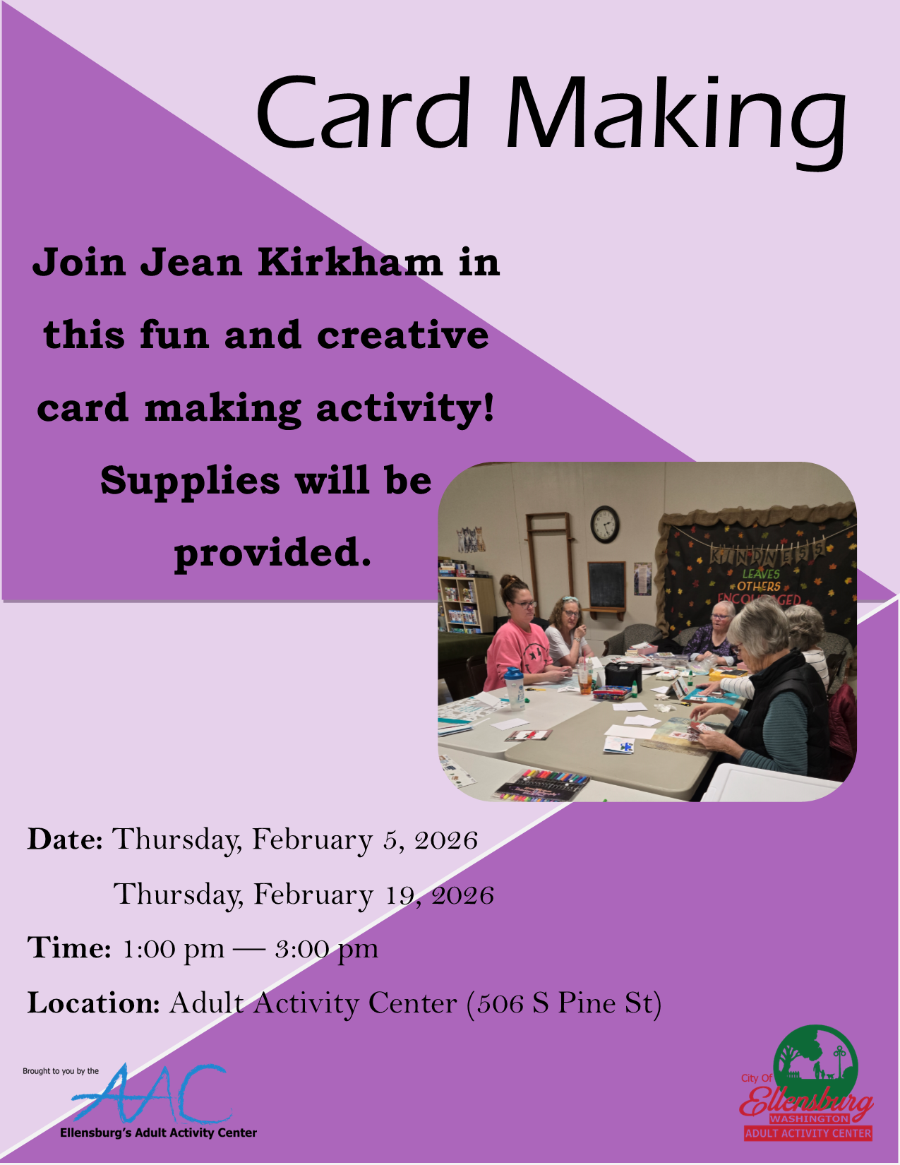 Flyer promoting a card-making event with details and a photo of people crafting around a table. 