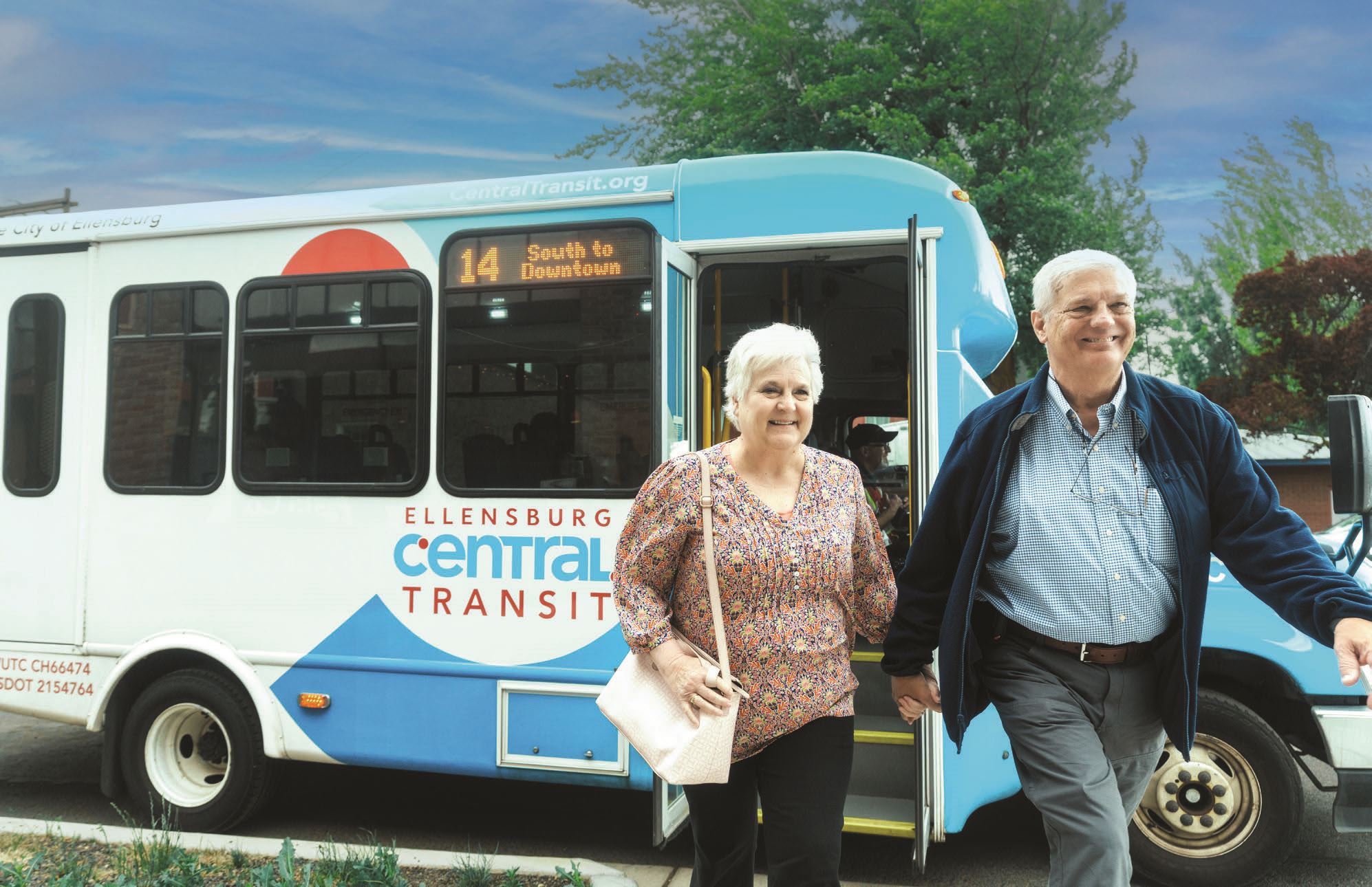 Two people walk off the Ellensburg Central Transit bus